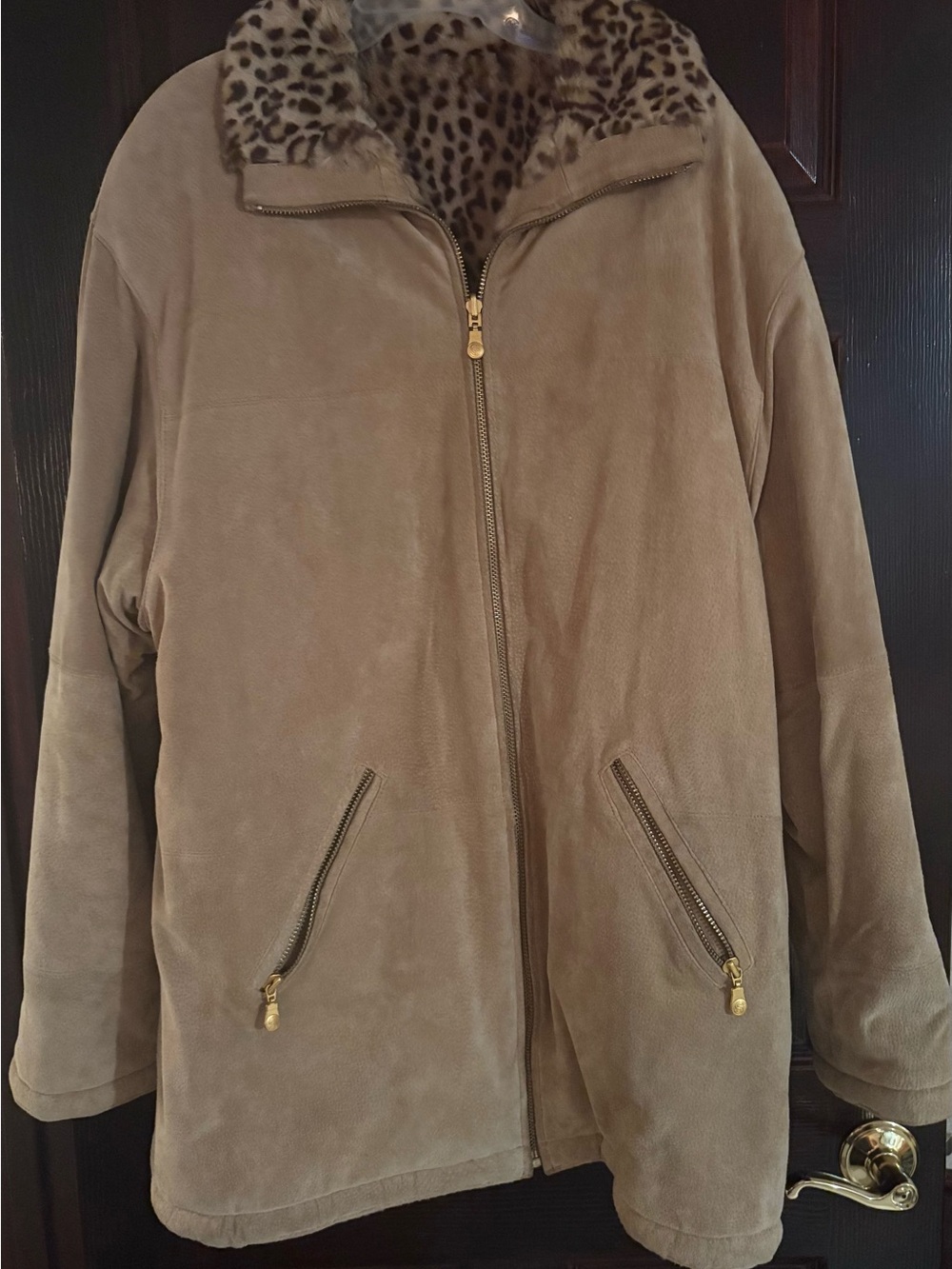 Women's Suede Camel Zip Front Jacket with Leopard Plush Print Lining
